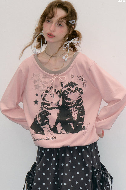 Pink Cat Print Tie Neck Sweatshirt