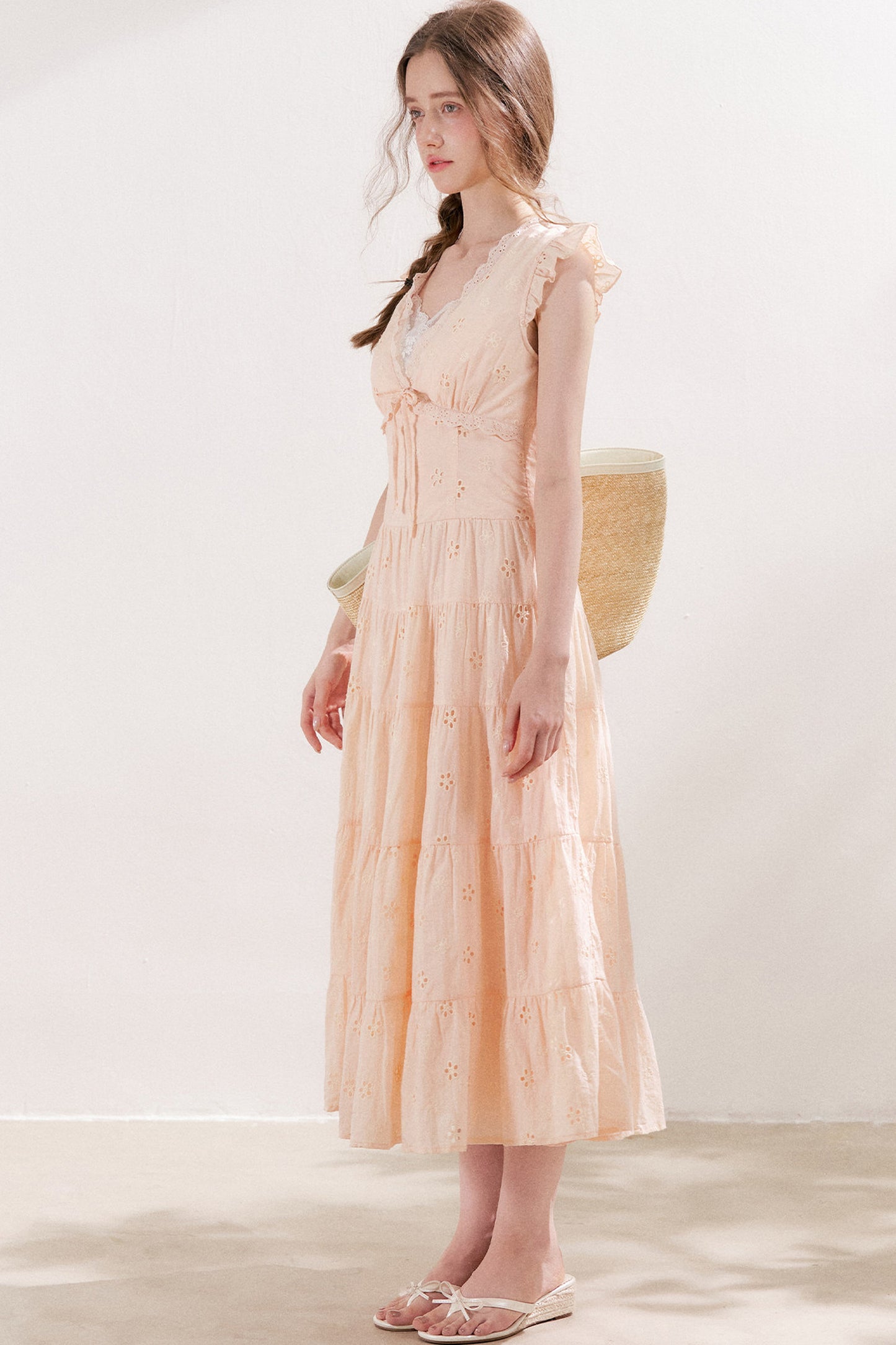Five-Petal Flower Cutout Tiered Cotton Dress