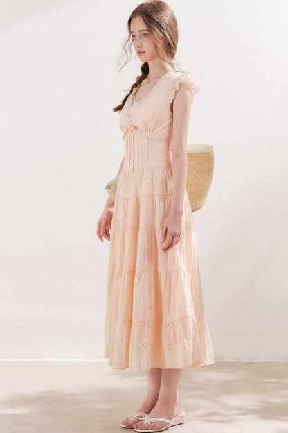 Five-Petal Flower Cutout Tiered Cotton Dress