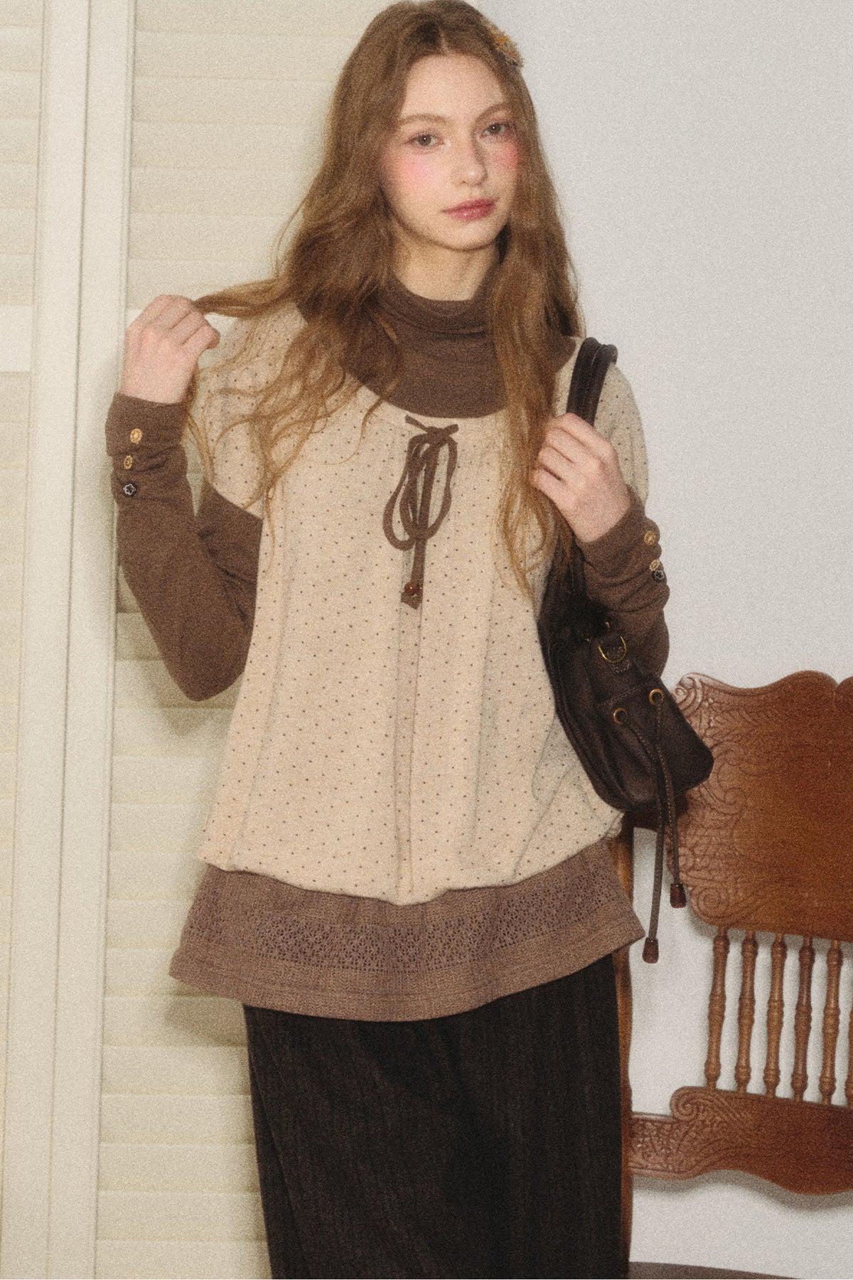 Layered-Look Polka Dot Knit Top