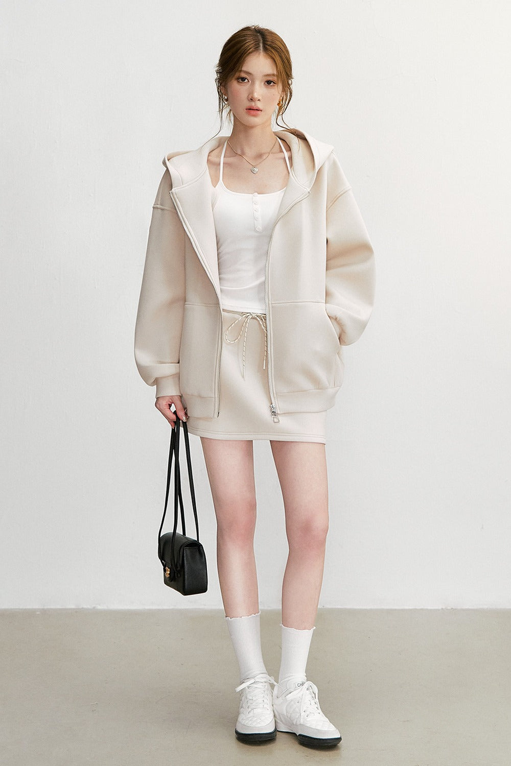 Long-Sleeved Oversized Hooded Sweatshirt Jacket And Skirt Set-Up