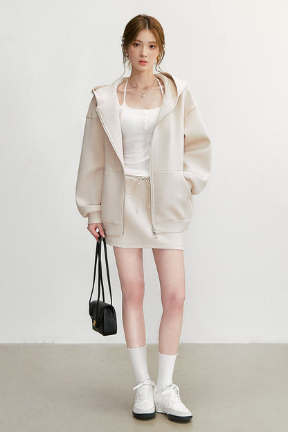 Long-Sleeved Oversized Hooded Sweatshirt Jacket And Skirt Set-Up