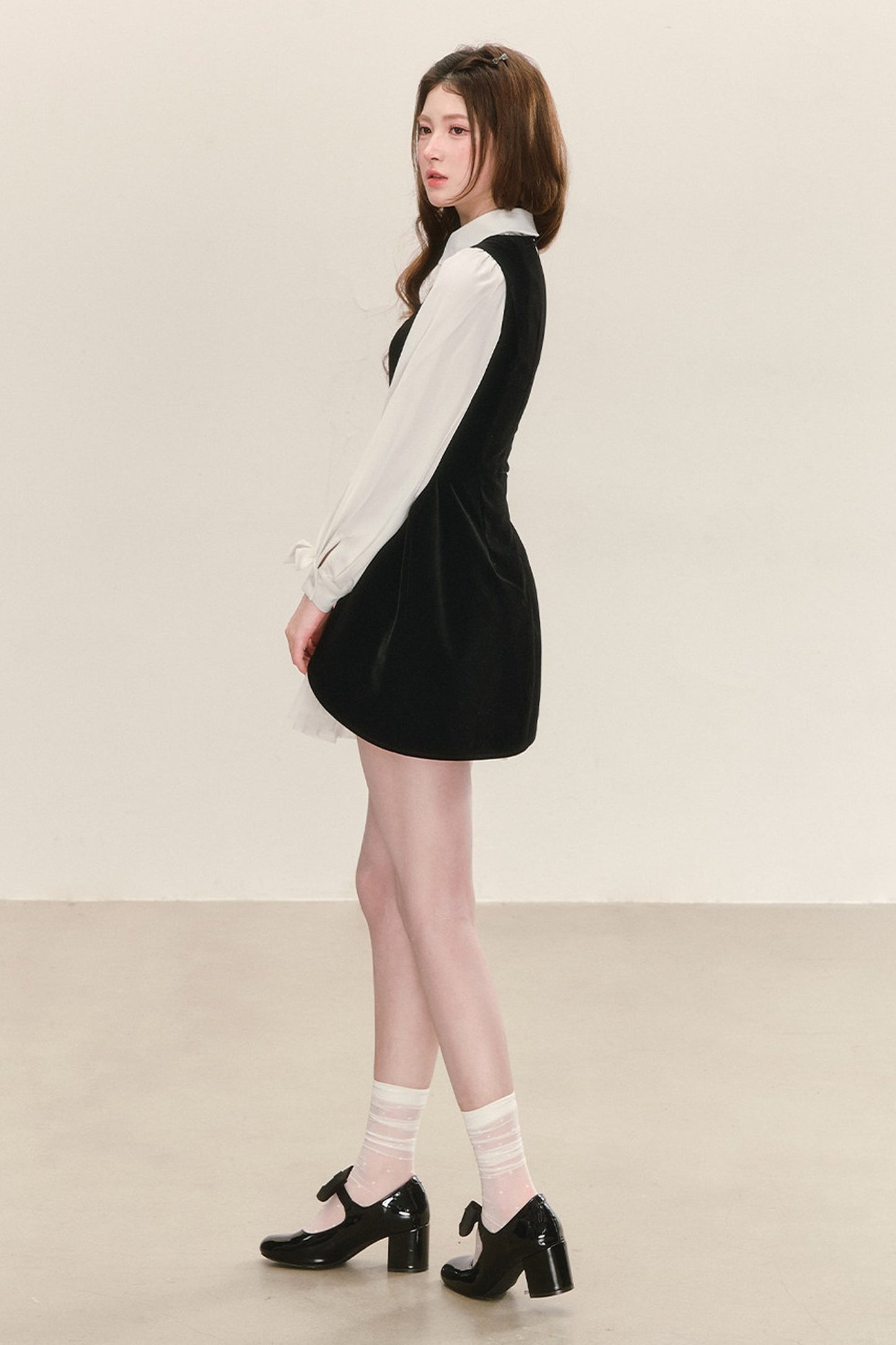Black Velvet Mesh Overlay Dress and White Shirt Set