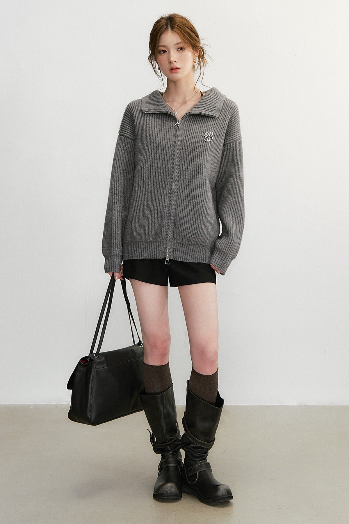 Grey Textured Zipper Knit Jacket