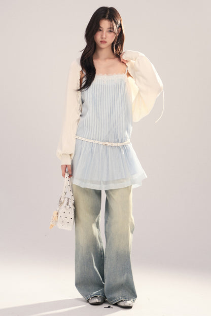 Suspender Dress with Lantern Sleeve Shawl Cardigan Set-Up