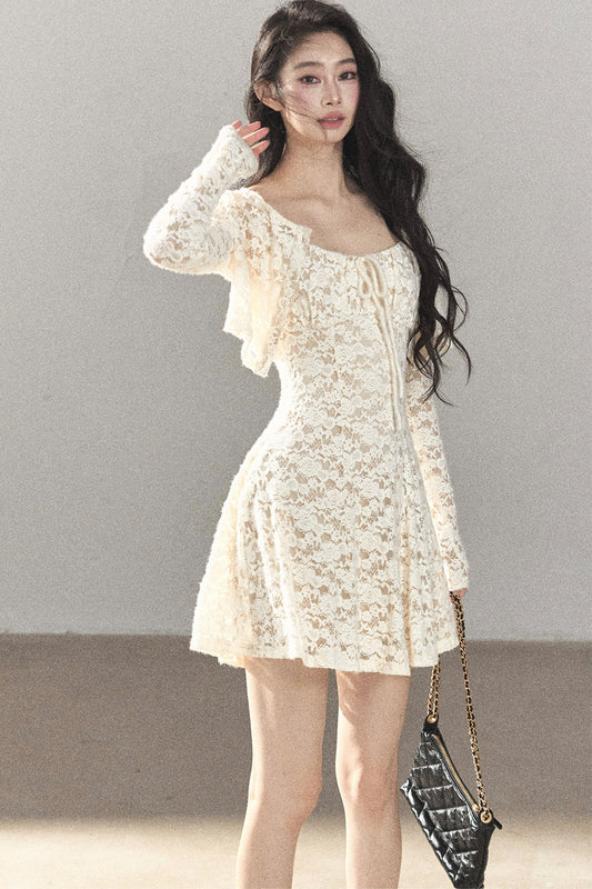 Ensemble robe bouffante ajourée en dentelle et veste