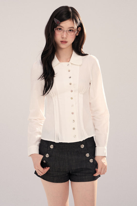 Long-Sleeve Lapel Diagonal Placket Blouse