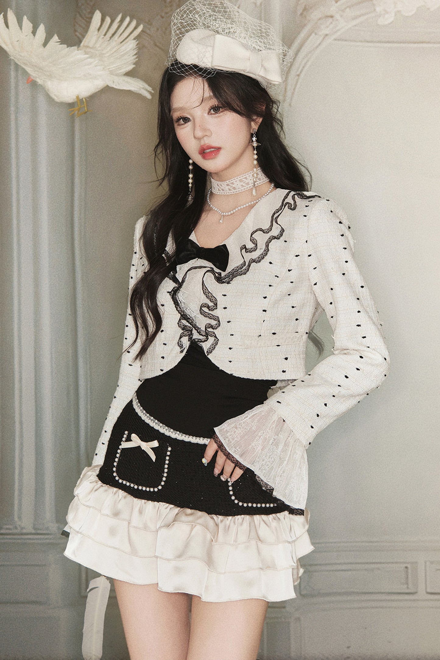 Polka Dot Ruffle Jacket and Skirt Set-Up
