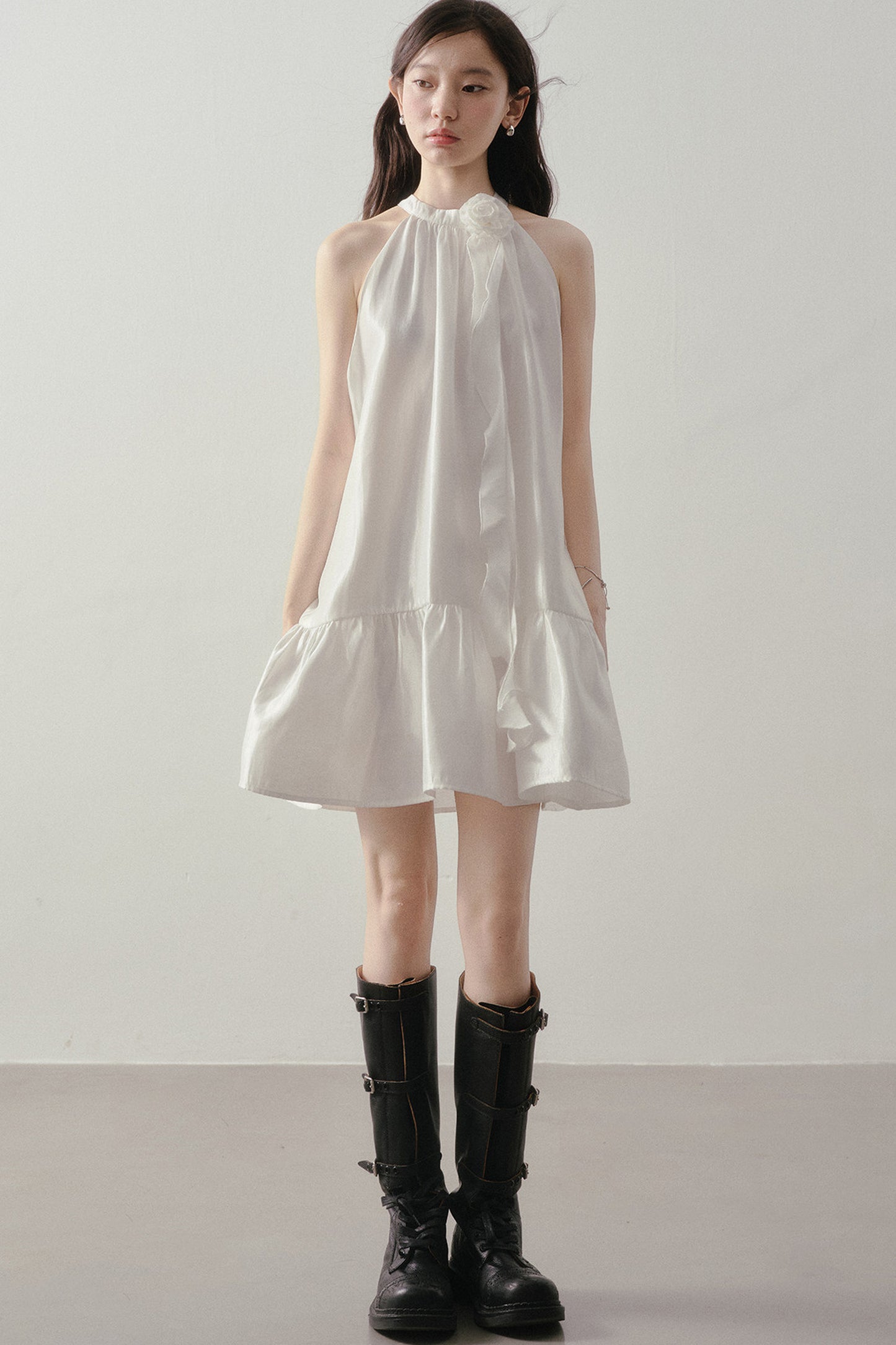 White Rose Halter Neck Ruffle Dress