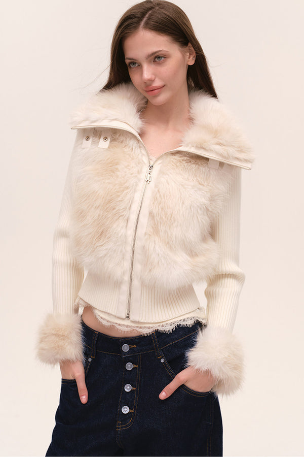 Layered-Look Fur Patchwork Knit Jacket