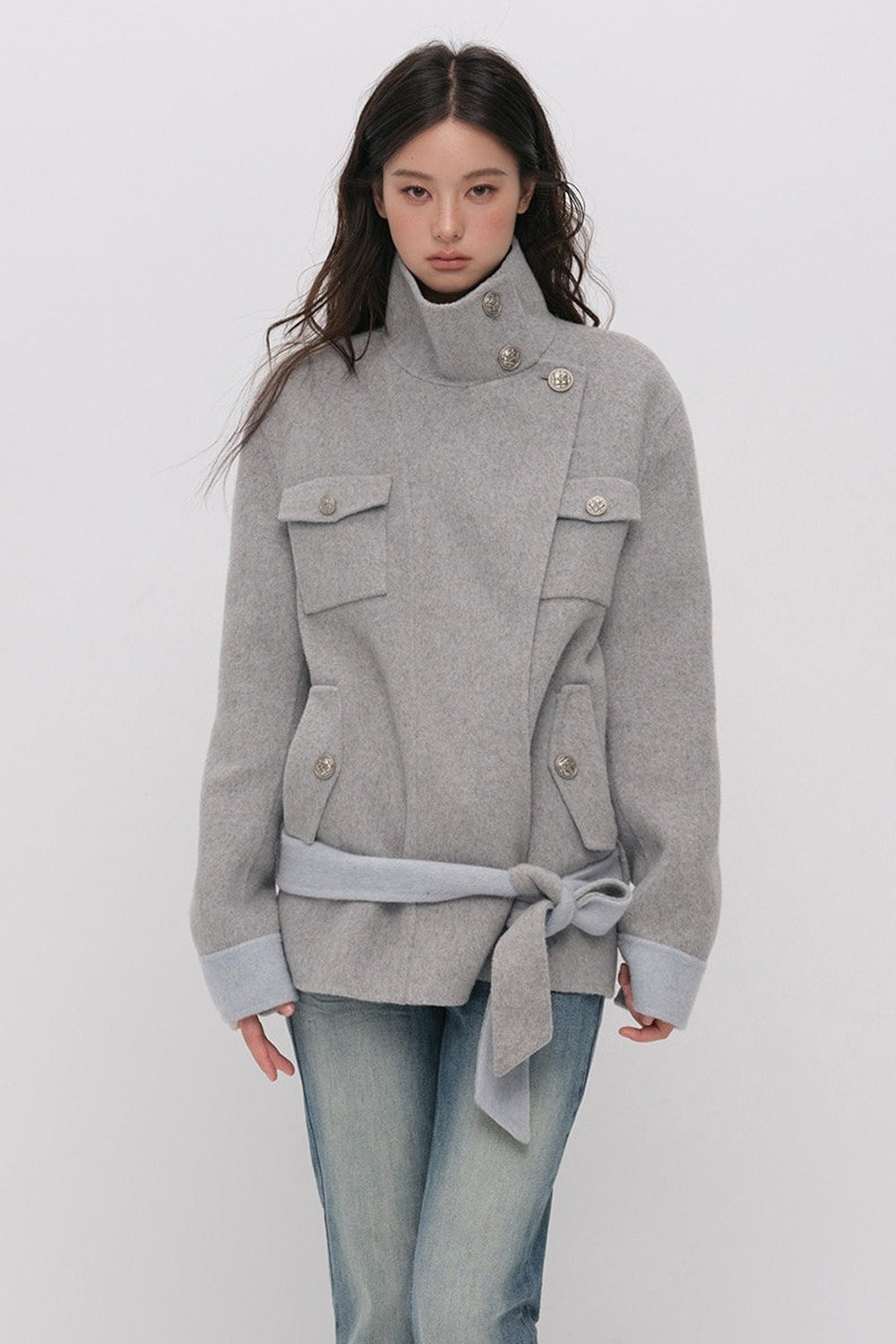 Belted Stand Collar Wool Coat