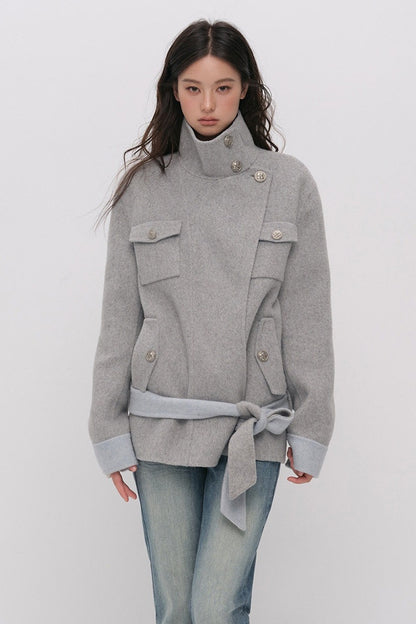 Belted Stand Collar Wool Coat