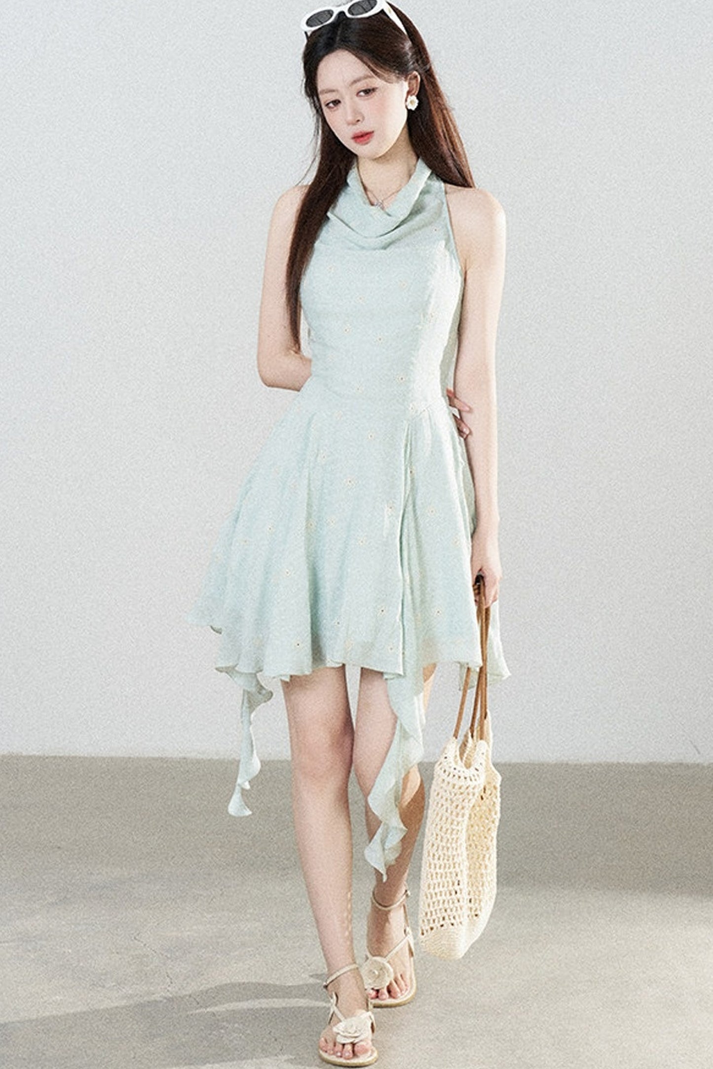 Halter Neck Sleeveless Irregular Hem Ruffle Dress