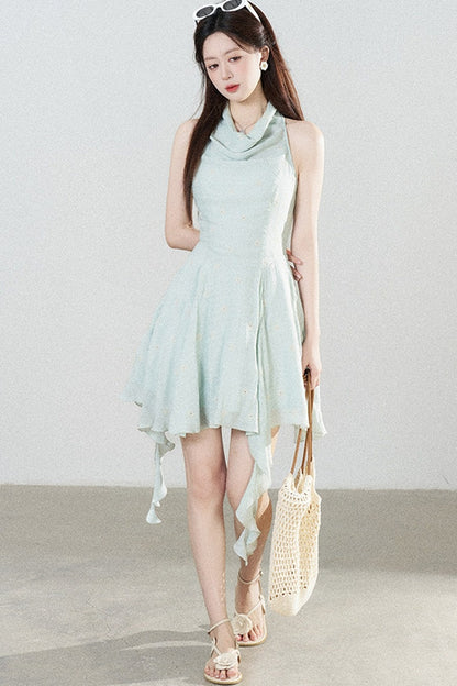 Halter Neck Sleeveless Irregular Hem Ruffle Dress