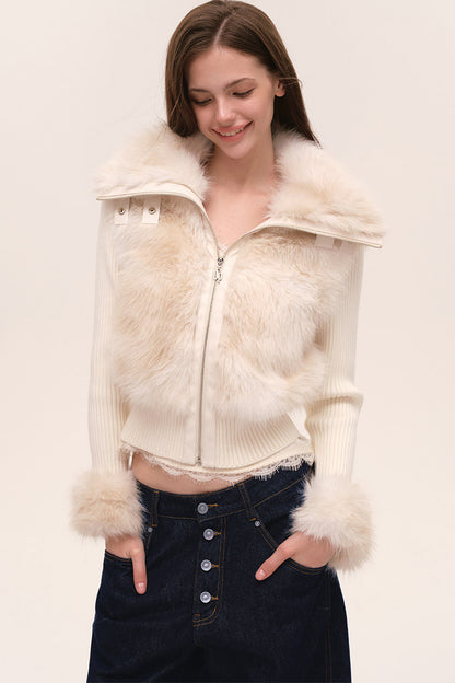 Layered-Look Fur Patchwork Knit Jacket