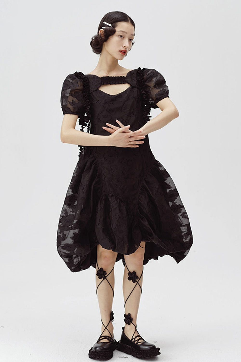 Irregular Floral Puff Dress
