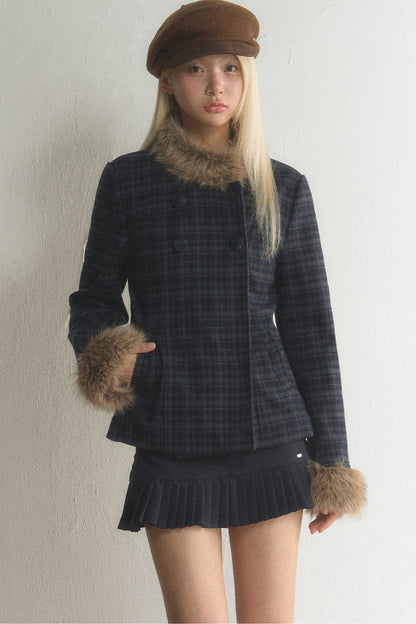 Plaid Woolen Jacket and Skirt Set-Up