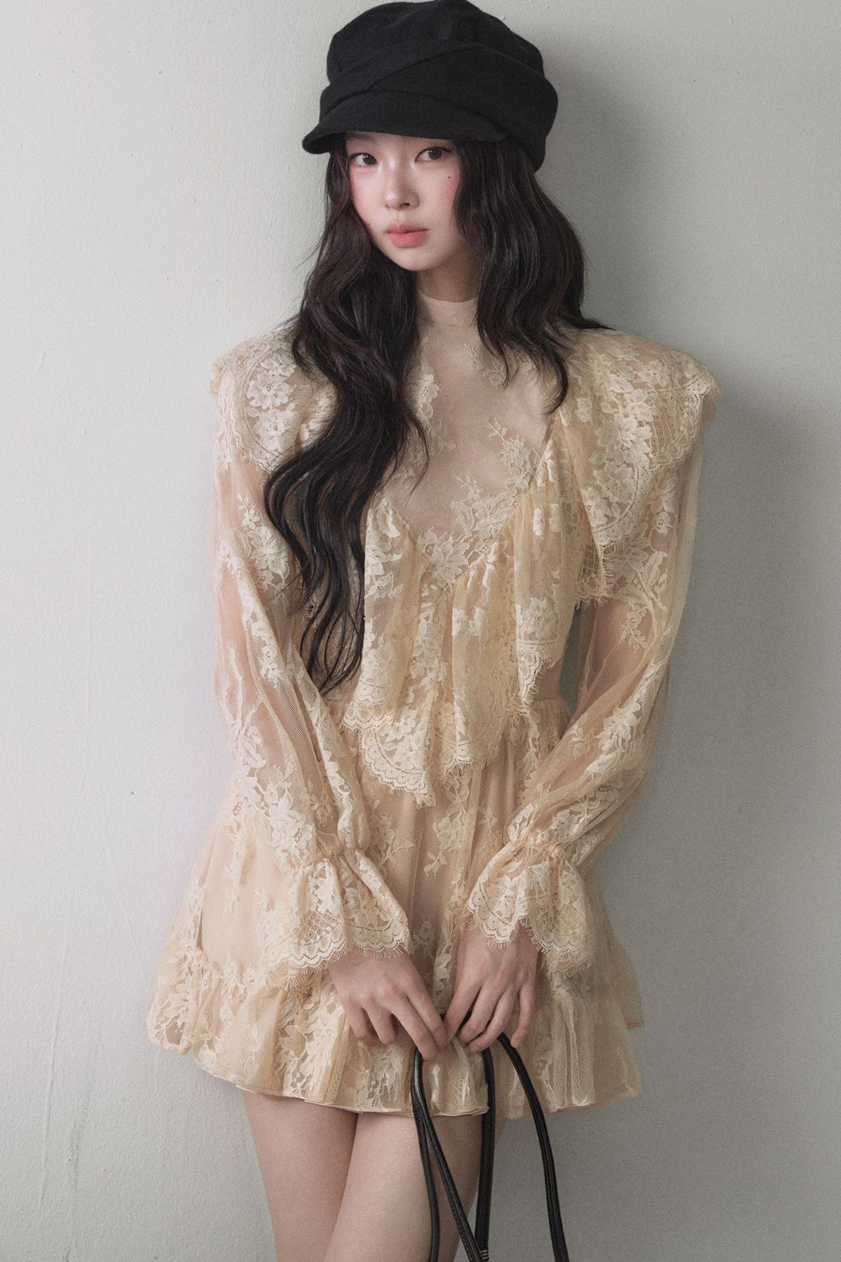 Beige Lace Ruffle Long-Sleeve Dress
