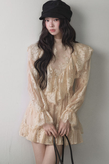 Beige Lace Ruffle Long-Sleeve Dress