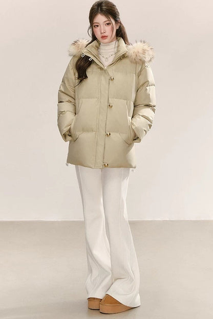 Detachable Raccoon Fur Collar Hooded Down Jacket