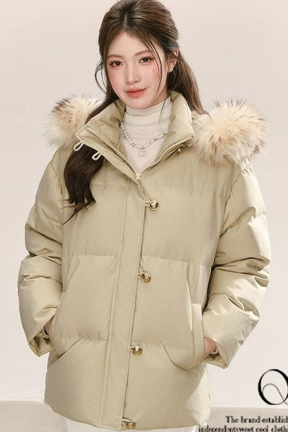 Detachable Raccoon Fur Collar Hooded Down Jacket