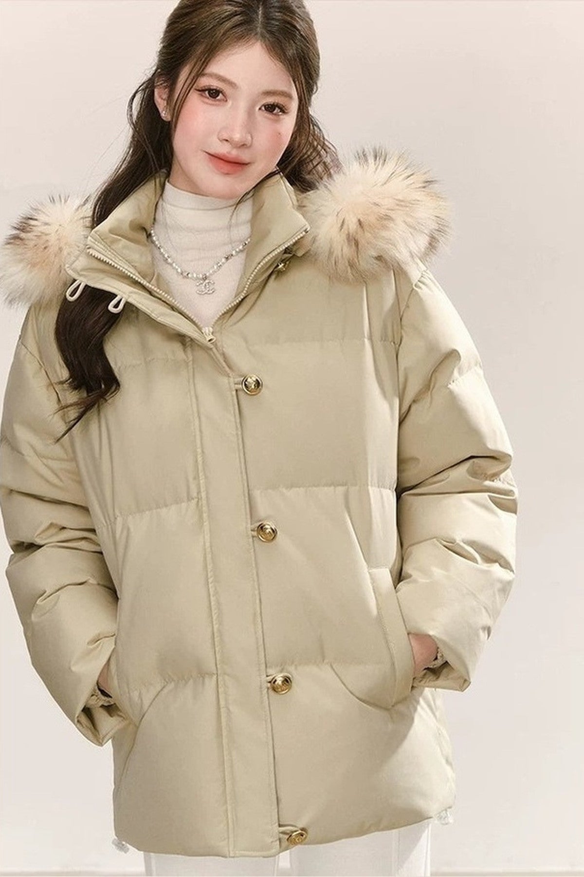 Detachable Raccoon Fur Collar Hooded Down Jacket