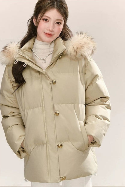Detachable Raccoon Fur Collar Hooded Down Jacket