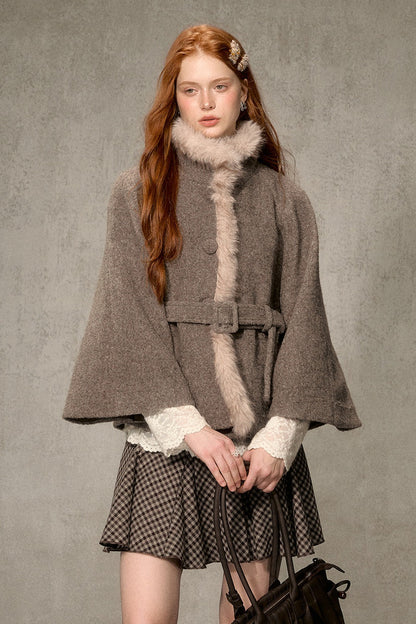 Floral Fur Collar Woolen Cape