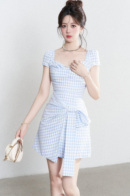 Blue Plaid Square Neck Irregular Dress