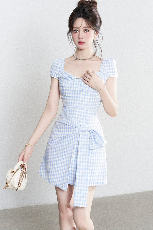 Blue Plaid Square Neck Irregular Dress