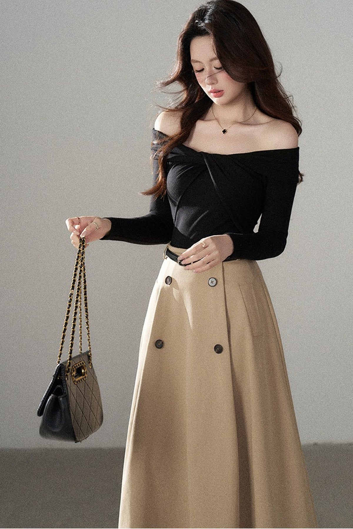 Knot Off-Shoulder Knit Pullover Top and Khaki Skirt Set-Up