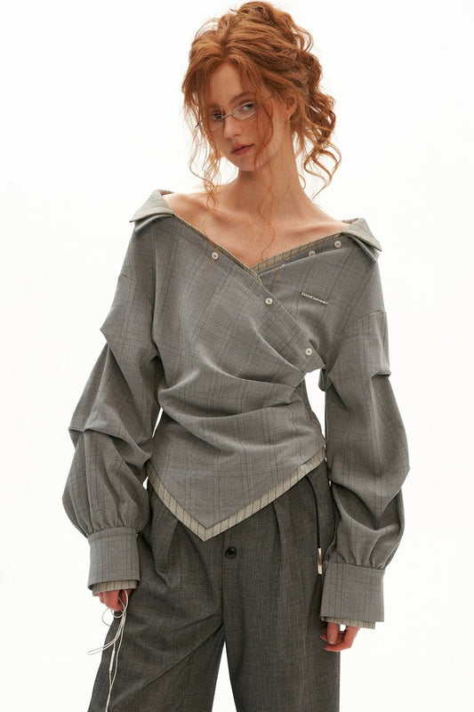 Irregular Textured Plaid Off-Shoulder Shirt