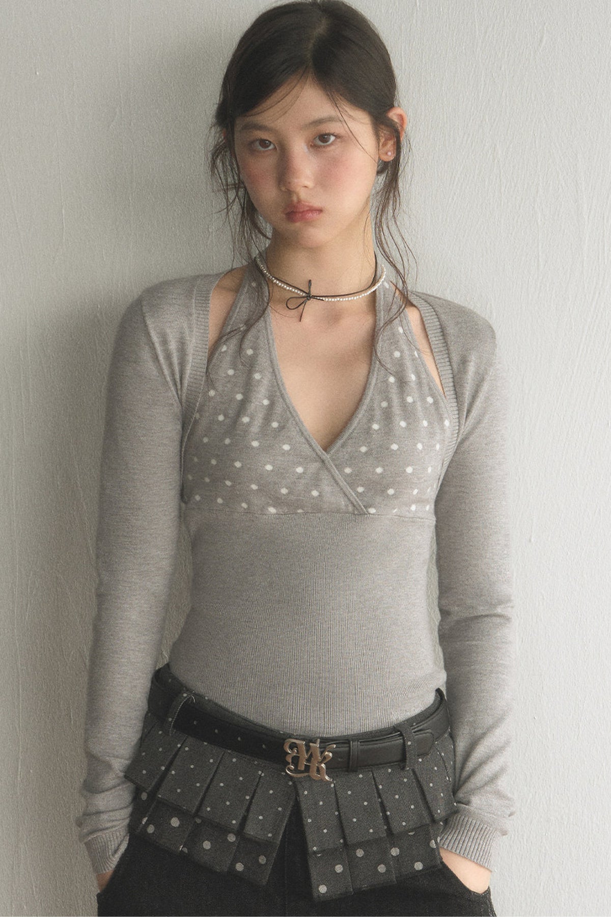 Polka Dot Knit Vest, Halter Top and Pants Set-Up