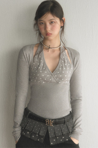 Polka Dot Knit Vest, Halter Top and Pants Set-Up