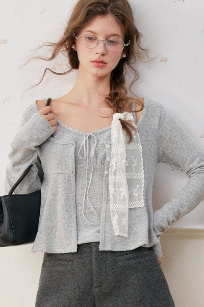 Lace-Up V-Neck Cardigan and Ruffle Hem Vest Set