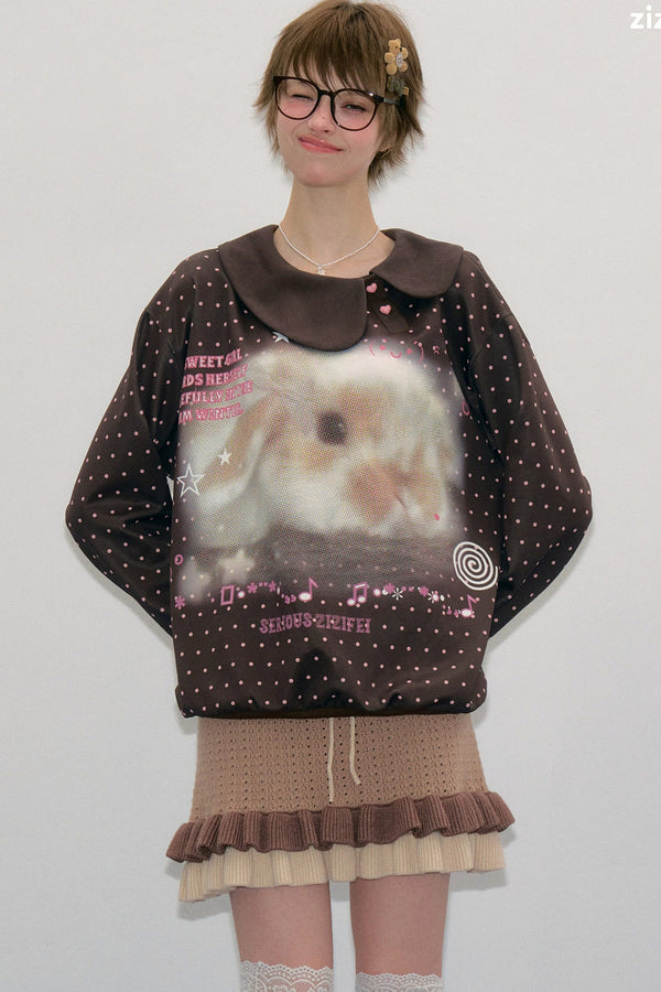 Polka Dot Rabbit Print Doll Collar Sweatshirt