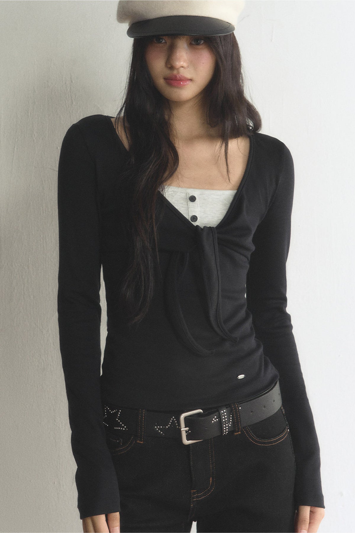 V-Neck Bow Contrast Long-Sleeve Top and Pants Set-Up