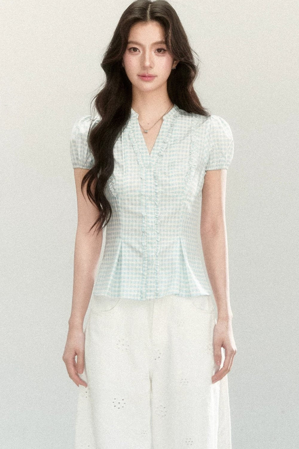 Blue Plaid V-Neck Short Sleeve Blouse