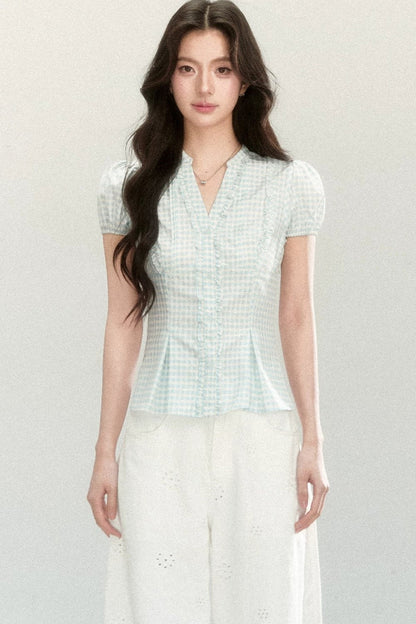 Blue Plaid V-Neck Short Sleeve Blouse