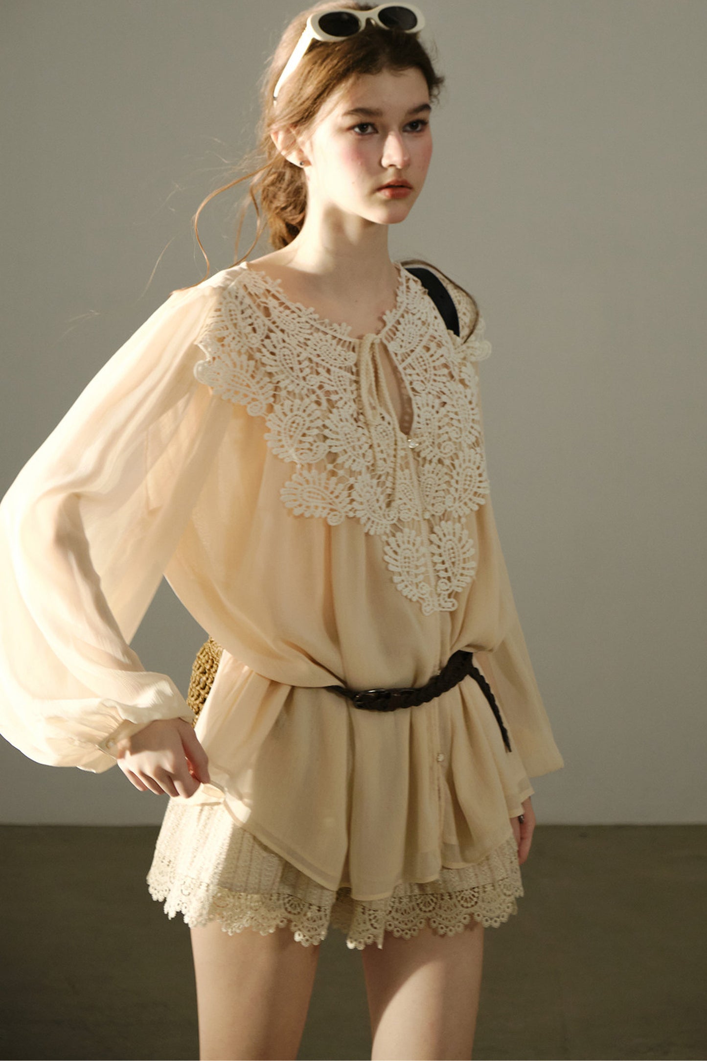 French Style Lace Trim Chiffon Top