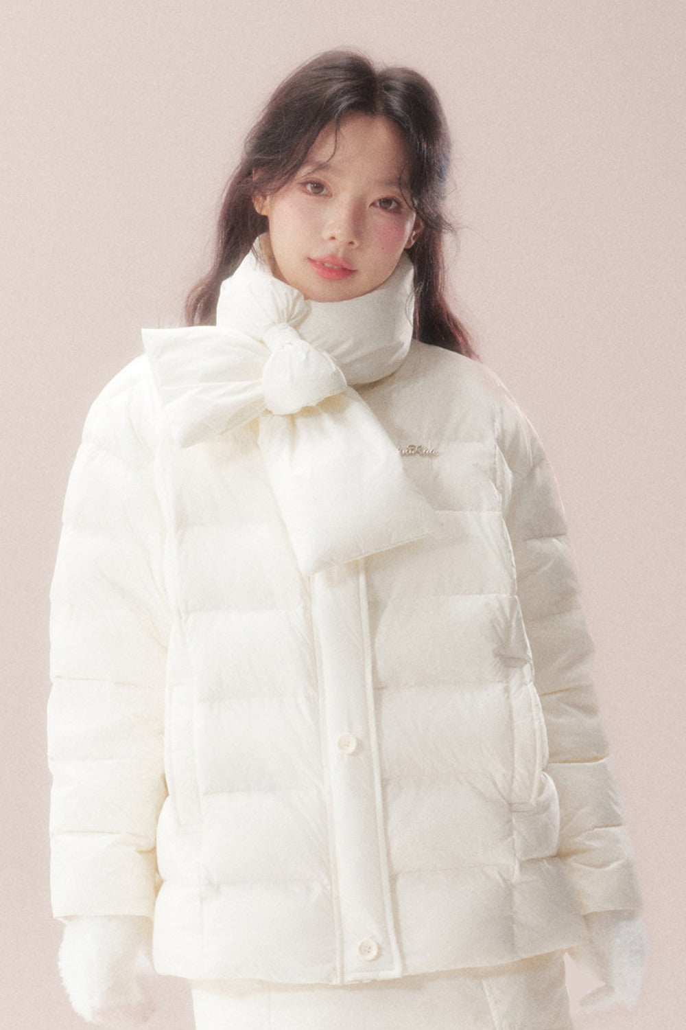 Bow-Knot Scarf Mid-Length Down Jacket