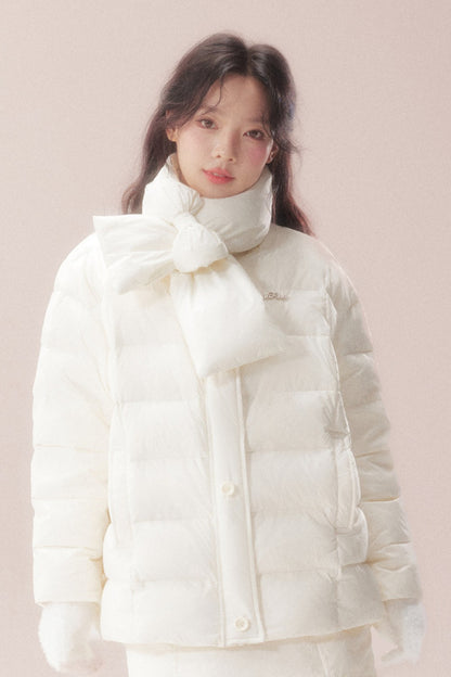 Bow-Knot Scarf Mid-Length Down Jacket