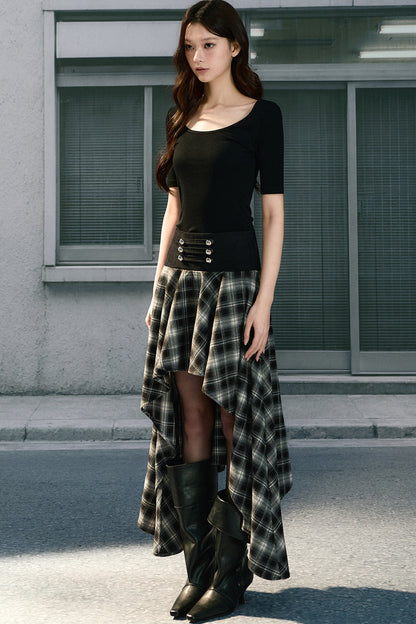 Irregular Hem Long Plaid Skirt