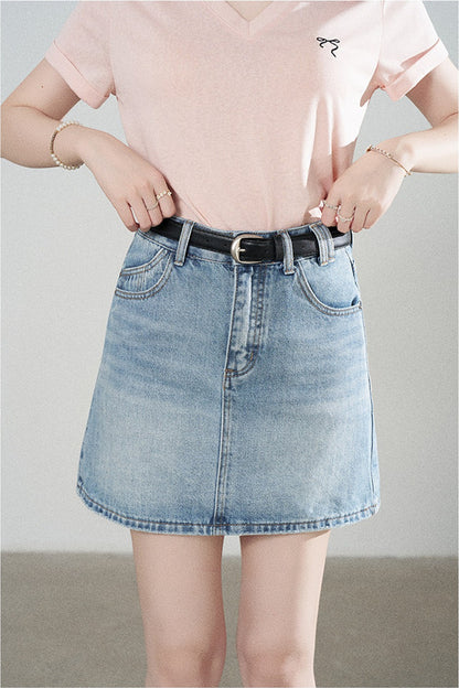 Loose Short-Sleeved Striped Shawl T-Shirt and Denim Skirt Set-Up