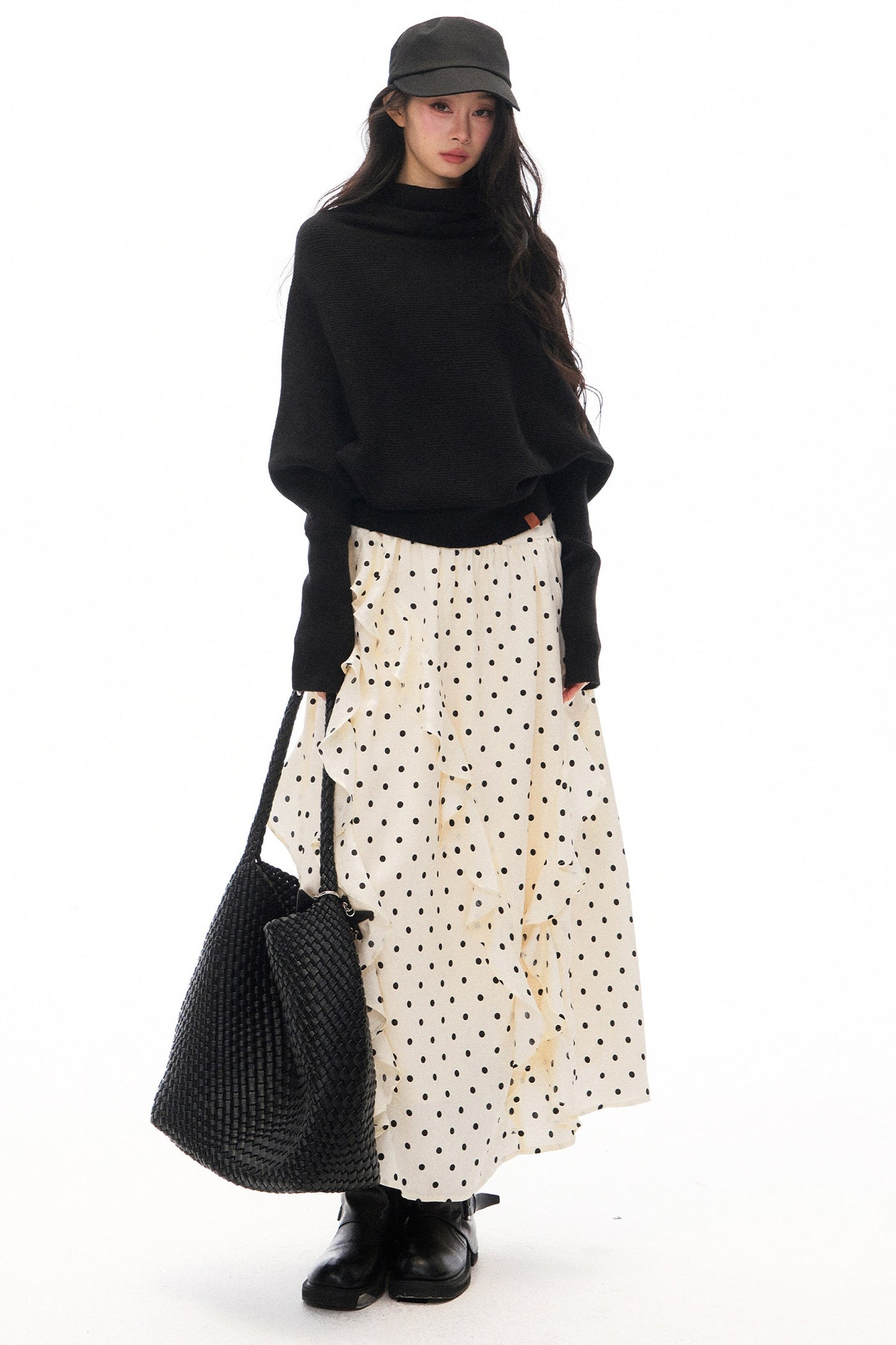 Batwing Knit Top and Polka Long Skirt Set-Up