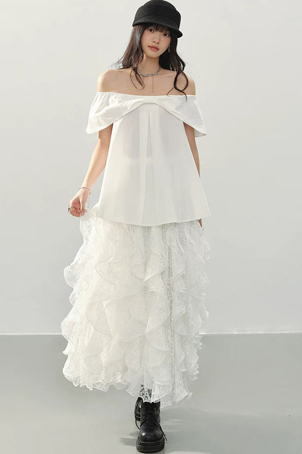 White Lace Ruffle Midi Skirt