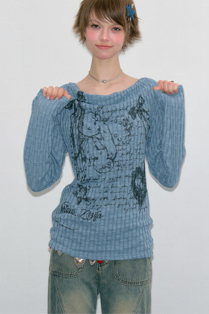 Blusa in maglia con graffiti di conigli