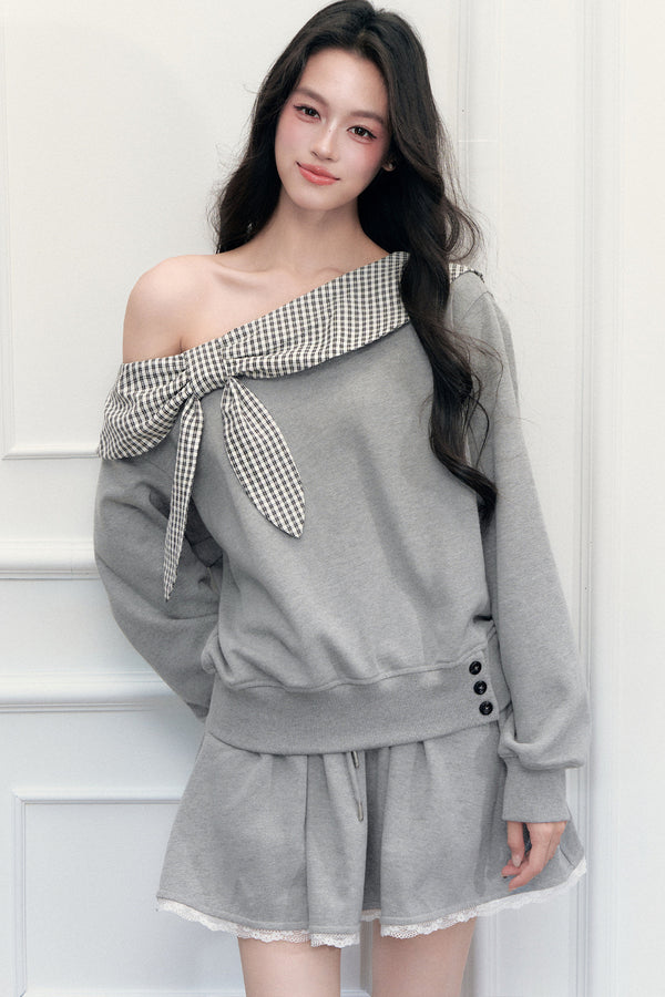 Plaid Patchwork Off-Shoulder Sweatshirt and Skirt Set-Up