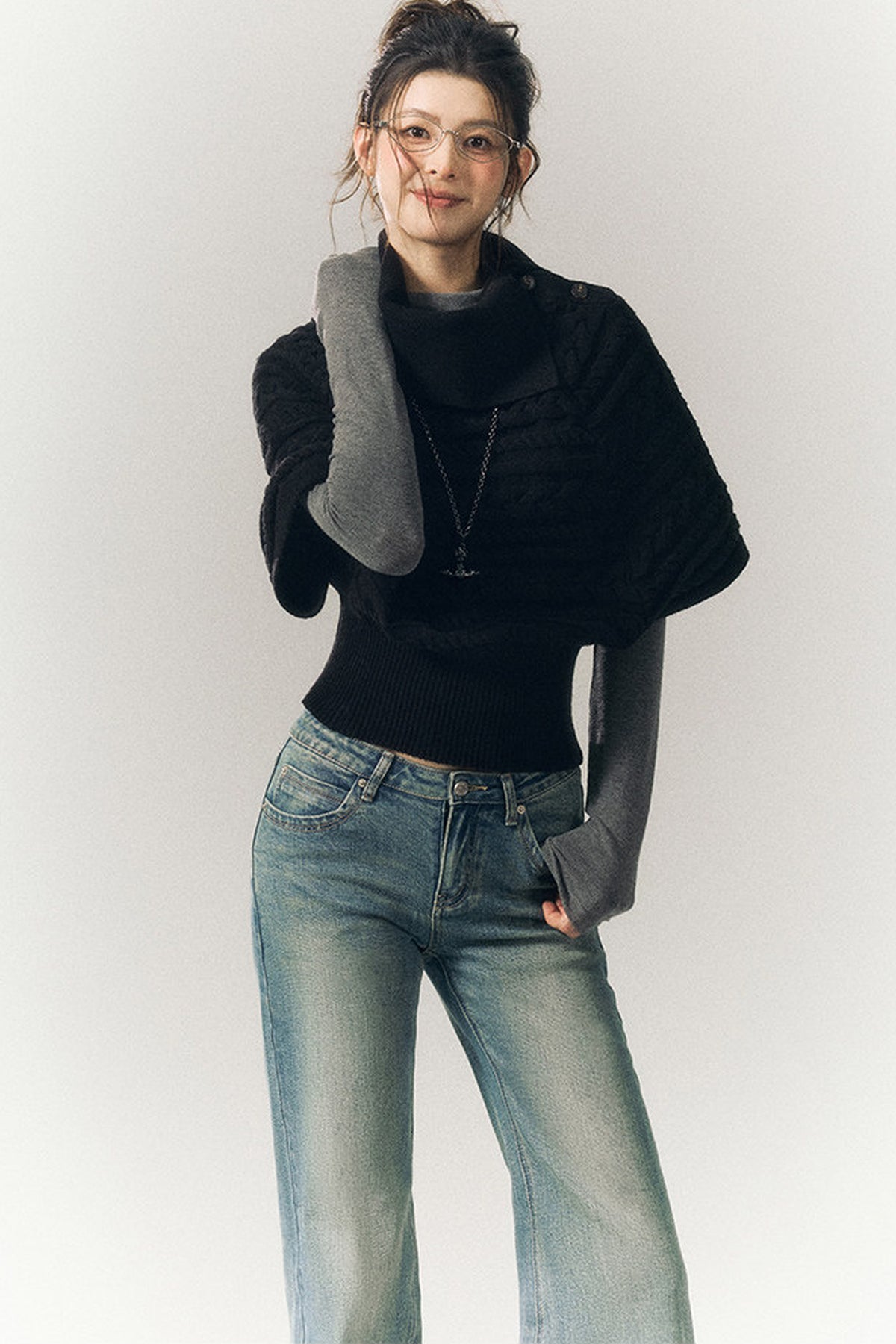 Cable Knit Lapel Cape Sweater