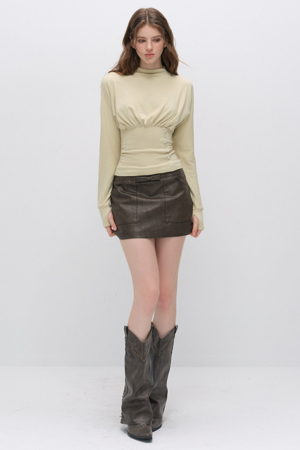 Pleated Side Button Knit Top and Skirt Set-Up